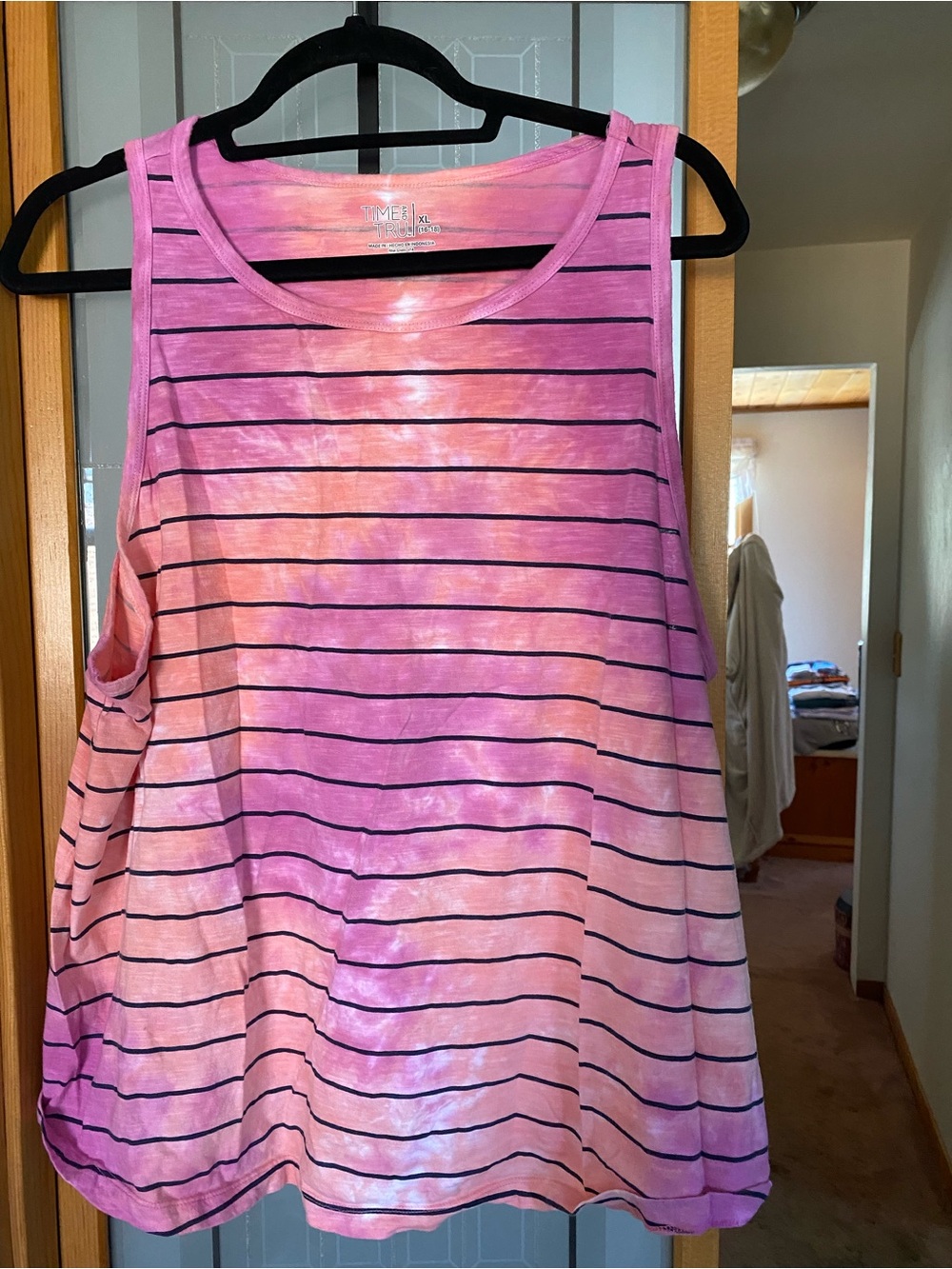 Time and Tru Pink and Black Striped Tie-Dye Tank